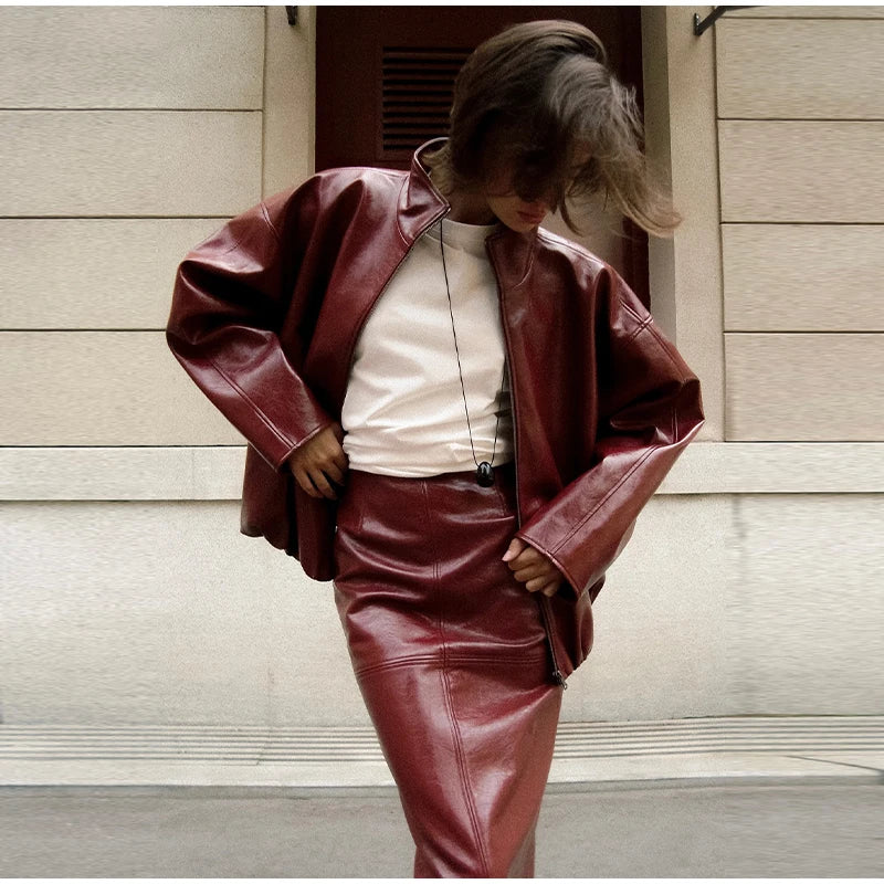 Leather Fashion Jacket Skirt Sets Women Zipper Loose Street Stand Collar Coats Straight Midi Skirts Suits 2025 Autumn Party Chic