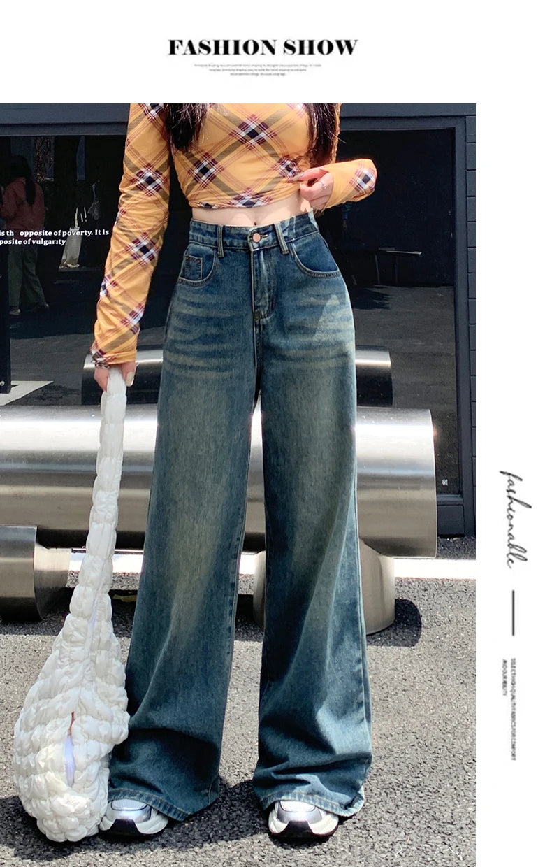 Women's Jeans Denim Pants 2025 Euramerican High Waist Girl Style Jean Trousers Colorful Straight Leg Wide Leg Pants
