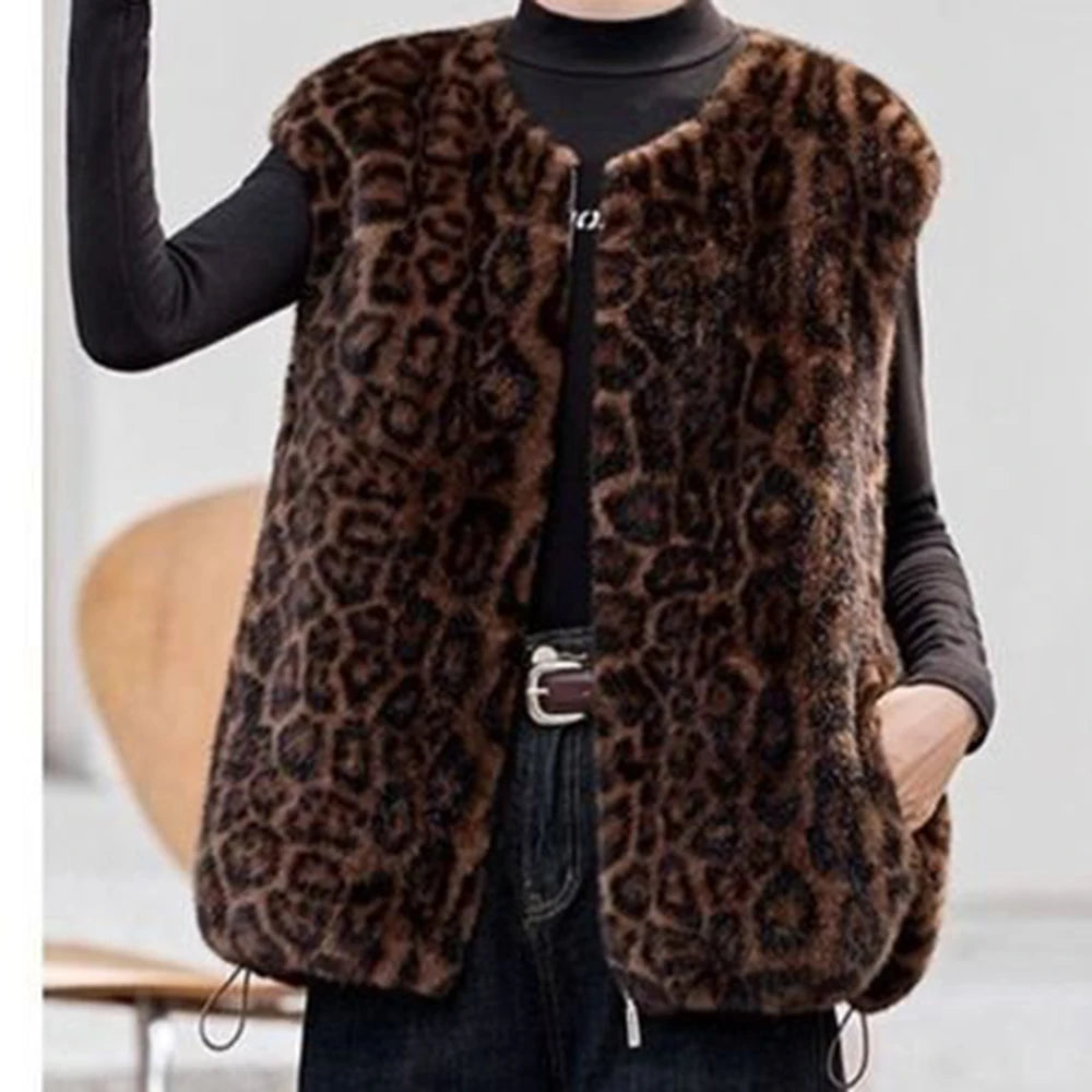 Winter fashion  casual senior sense thin  fur integrated leopard print vest warm top clothing  chalecos para mujer