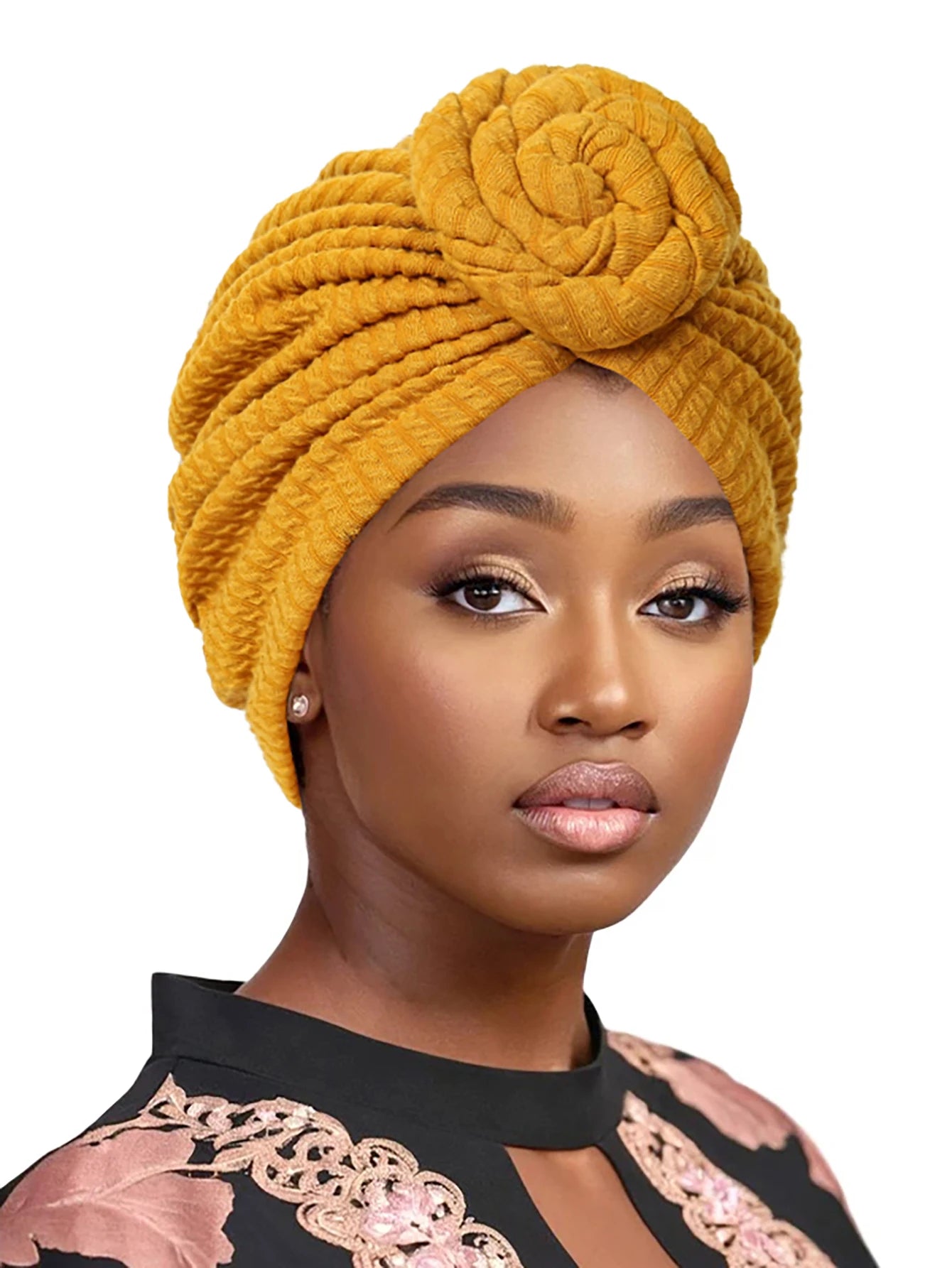 EtherealBe women's turban hijab hats in mustard yellow with a stylish twisted design
