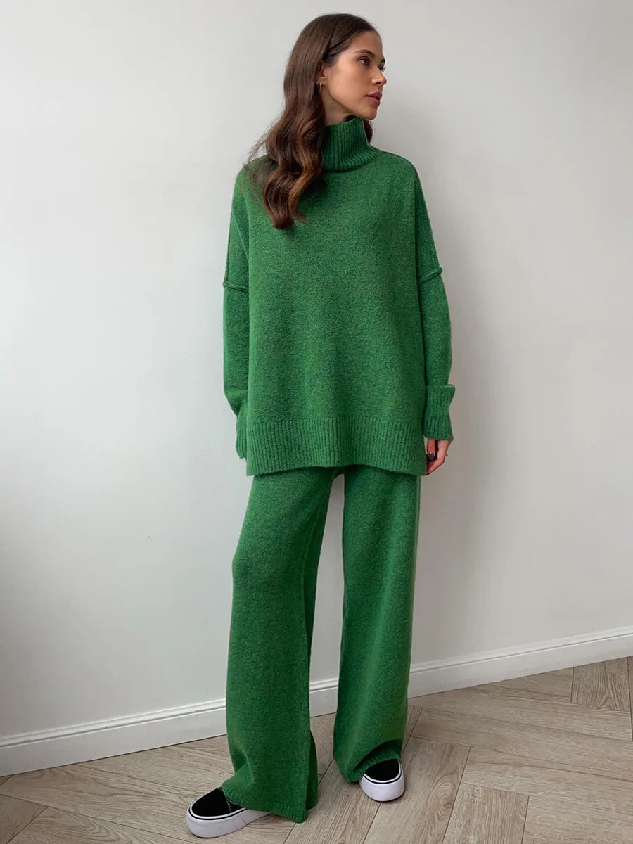 Bornladies Women's Autumn Winter Turtleneck Sweater Pants Set Loose Casual Knitted Sweater  Thicke Loose Pullover 2 Pieces Sets