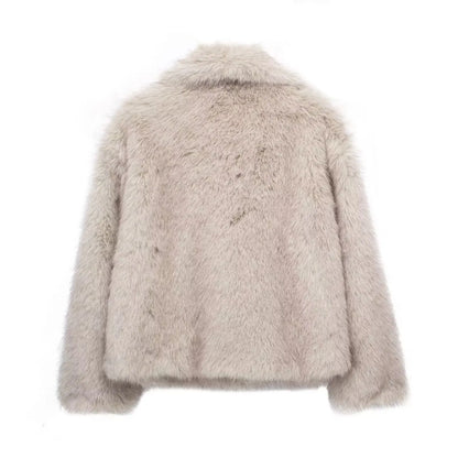 HH Winter Women Elegant Warm Plush Coat Turn-Down Collar Thick Cardigan Coat Female Pocket Long Sleeve Short Outerwear Mujer