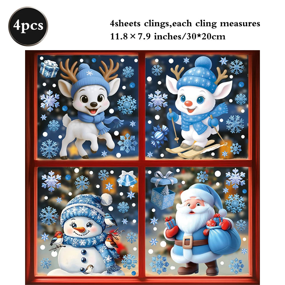 Christmas Window Static Clings Snowman Santa Claus Snowflake Reindeer Cute Xmas Decoration Decal Sticker Home Ornaments Supplies
