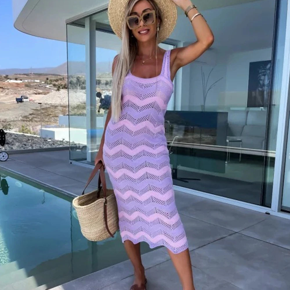 Wepbel Bodycon Dress Slim Summer Sweater Dress Summer Women's Color Knit Beach Wear Matching Wave Pattern Sun Sheath Dress