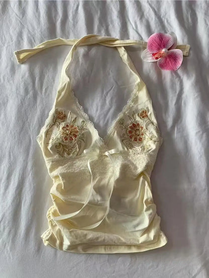 2025 Summer Woman Floral Halter Lace Blouse 2025 Vintage Sexy Slim Fit Fairy Korean Fashion Female Tops Outfits Elegant Style
