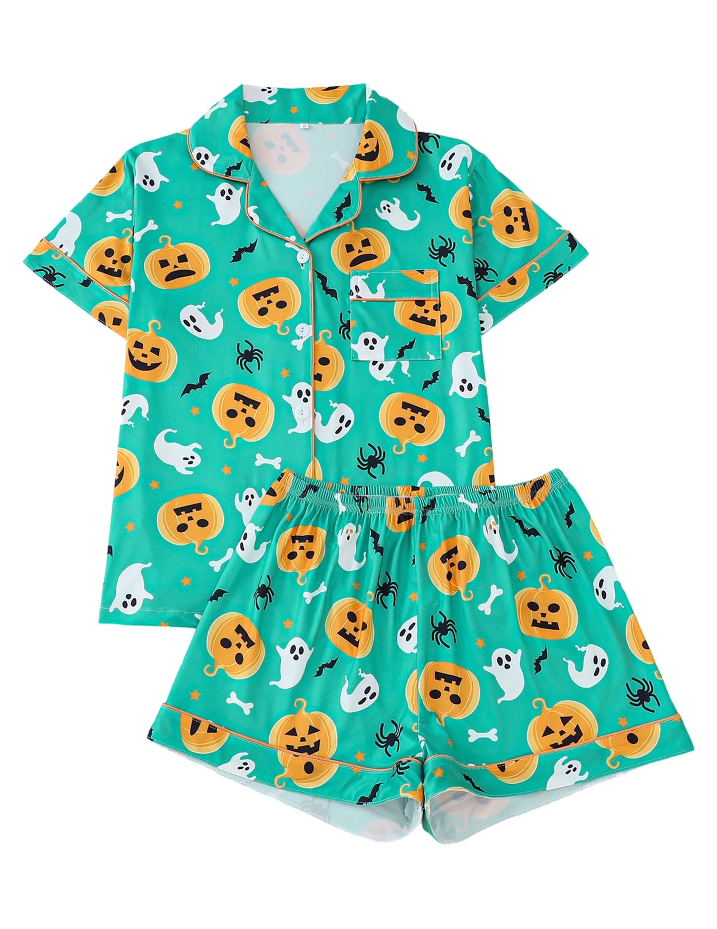 Women Halloween Pumpkin Bat Print Pajama Set,Breathable Lapel Loungewear Short-Sleeved Roll-Neck Shirt and Loose Shorts S-XXL