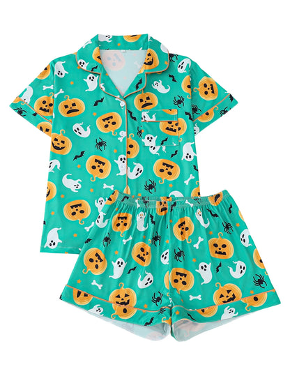 Women Halloween Pumpkin Bat Print Pajama Set,Breathable Lapel Loungewear Short-Sleeved Roll-Neck Shirt and Loose Shorts S-XXL