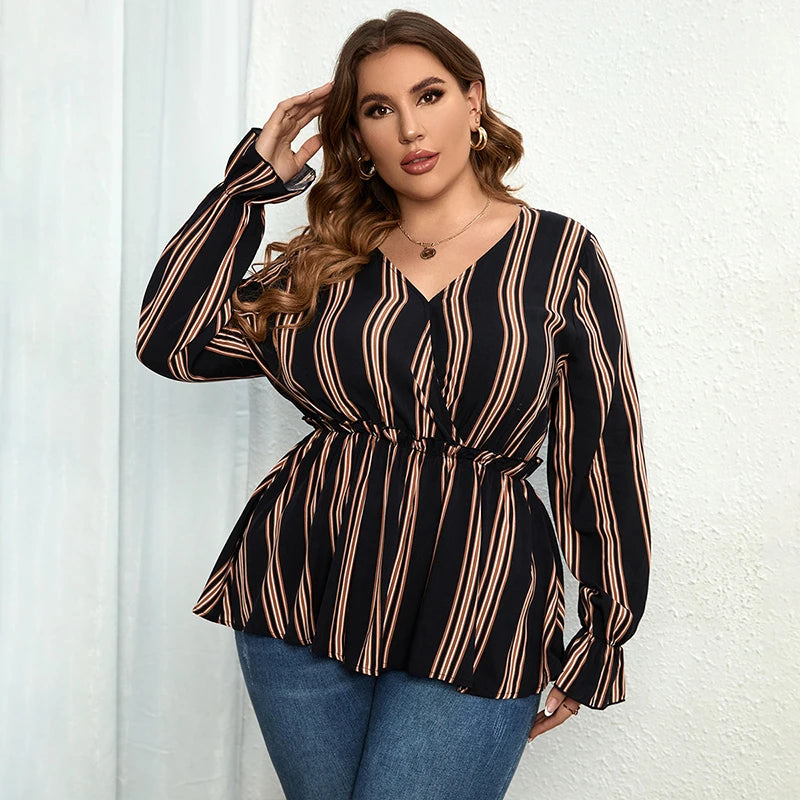 Della Mel Women Plus Size Vintage Long Sleeve Tops Striped Print Wrap V-Neck Loose Ruffles Elastic Waist Peplum Blouses 3XL 4XL