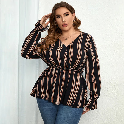 Della Mel Women Plus Size Vintage Long Sleeve Tops Striped Print Wrap V-Neck Loose Ruffles Elastic Waist Peplum Blouses 3XL 4XL
