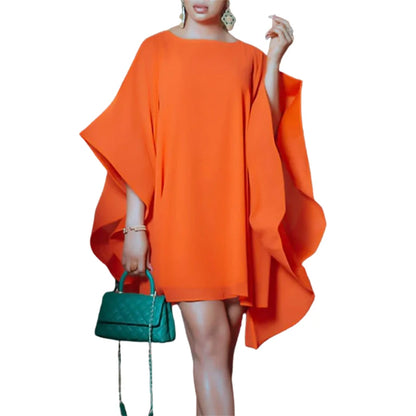 Lemongor 2024 New Elegant Batwing Sleeve Party Evening Orange Dress Summer Fashion Solid Color Round-neck Mini Dresses For Women