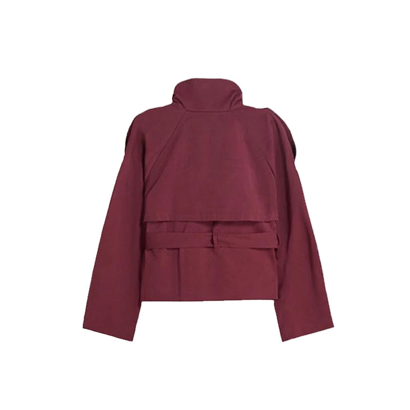 Belted Waist Cropped Trench Double Breasted Stand Collar 2025 Autumn Chic Elegant Women Coat Casual Vintage Office Lady Jacket