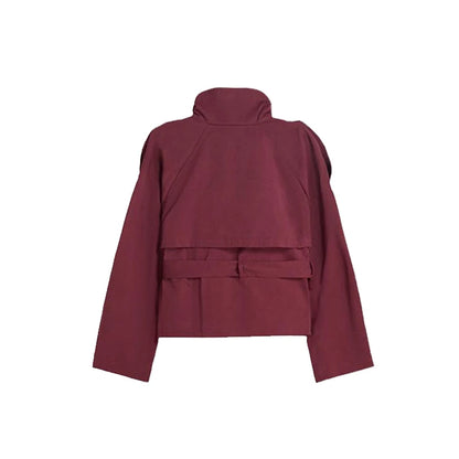 Belted Waist Cropped Trench Double Breasted Stand Collar 2025 Autumn Chic Elegant Women Coat Casual Vintage Office Lady Jacket