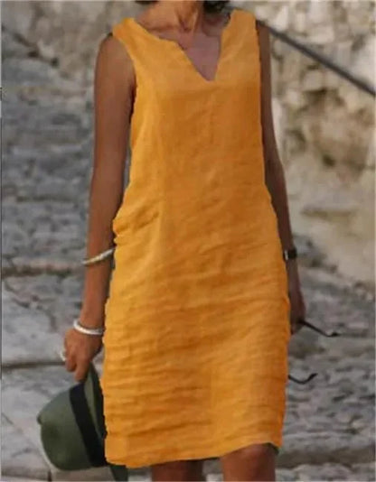 New Pure Color V-Neck Sleeveless Large Size Casual Linen Dress Comfortable Breathable Women's One-Piece Summer Dresses