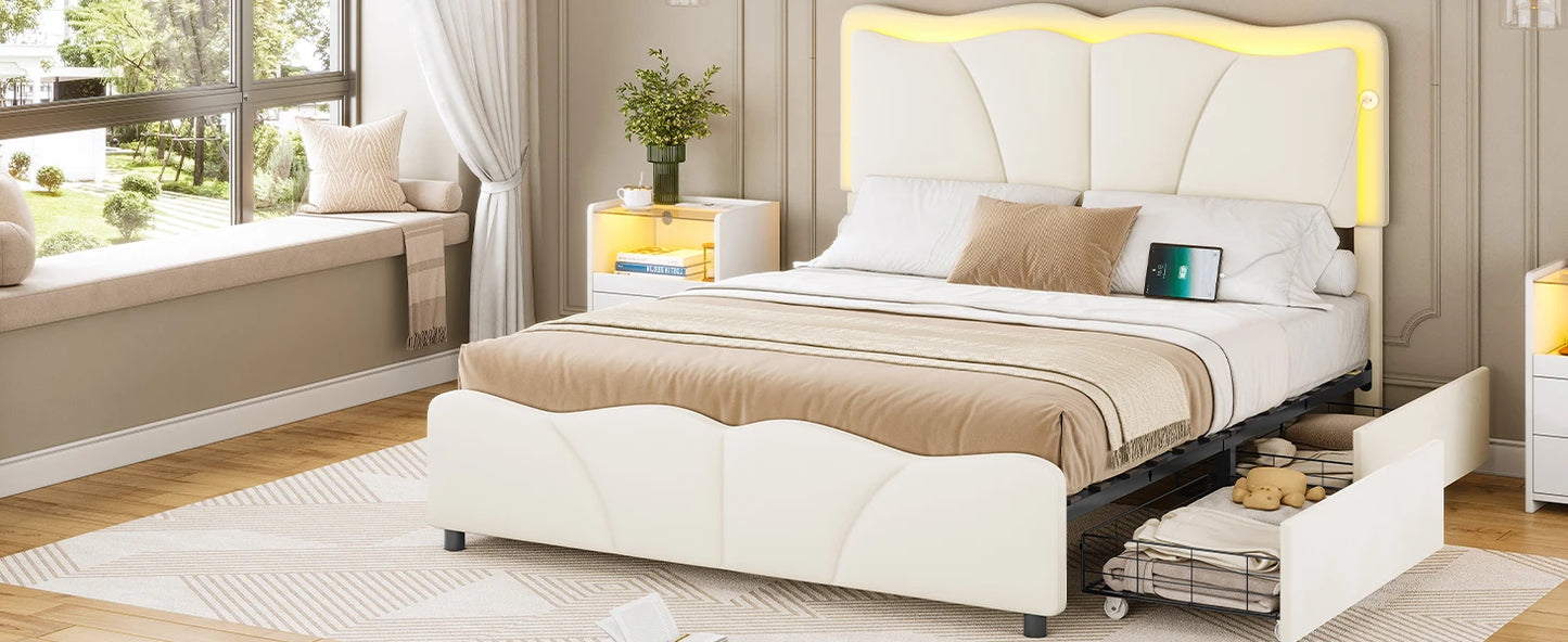 King Size Bed Frame w 4 Storage Drawers,Charging Station and LED Lights,Upholstered Bed Frame w Button Tufted Wingback Headboard