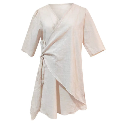 Cotton Linen Dresses Women'S Sexy V Neck Solid Color Pleated Swing Split Mini Dress Party Elegant Chic Vestidos For Womens