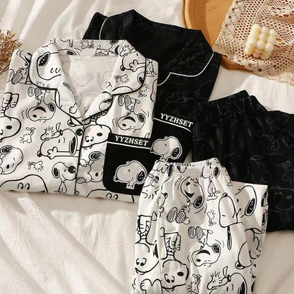 Cartoon Snoopy Sleepwear Trouser Suit Long Sleeves Pajamas Loose Simple Cardigan Home Wear Fashion Soft Comfort Cute Girls Gift