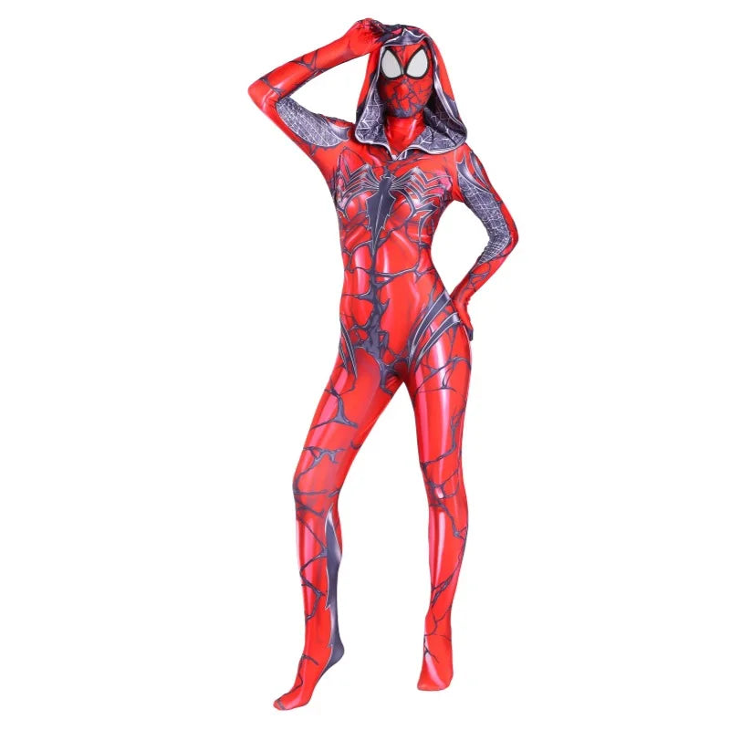 Gwen Stacy cosplay costume for women featuring a stylish red and black design with a hood