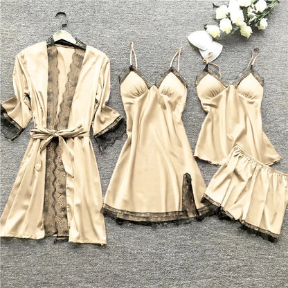 4 Pieces Pajamas Sets Satin Sleepwear Women Silk Nightwear Pyjama Strap Lace Sleep Lounge Pajama with Chest Pads