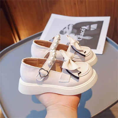 Girls Beige/black Round Toe Princess Shoes Pearl Bow, Girls Four Seasons Outdoor PU Princess Shoes, Size 26-36