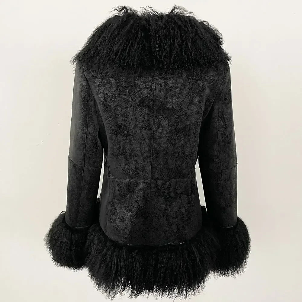 Autumn Winter Women Coat Real Natural Mongolia Sheep Fur Turn-down Collar New Fashion Jacket Thick Warm Casual Overwear