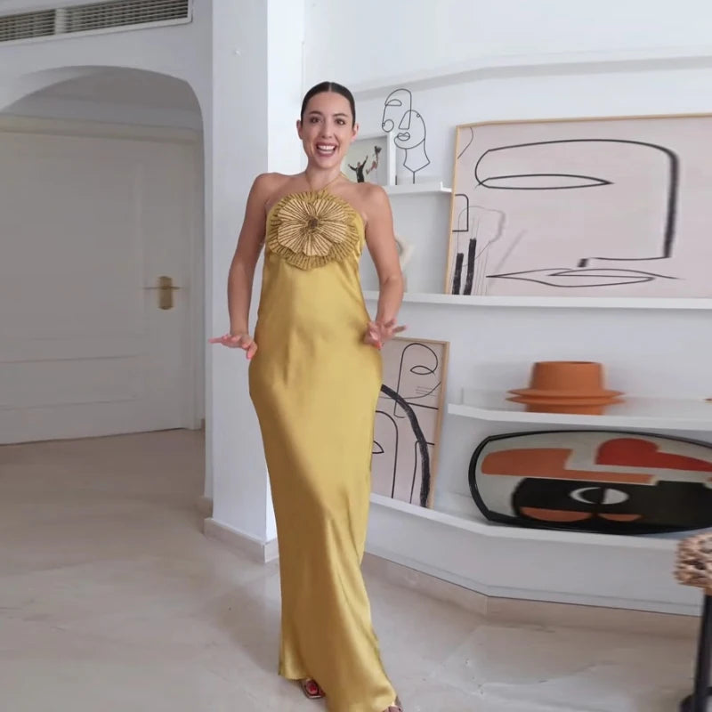 Elegant Party Women's Dress 3D Flower Halter Sleeveless Backless Mermaid Satin Female Dresses 2025 Summer Chic Evening Lady Robe