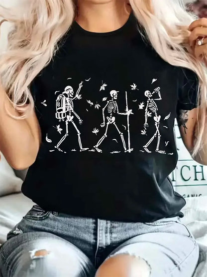 Vintage Fall Vibe Skeletons Hiking Halloween Print 2024 New Short Sleeve Crew Neck Ladies T-shirt Casual Ladies Top Y2K Aestheti