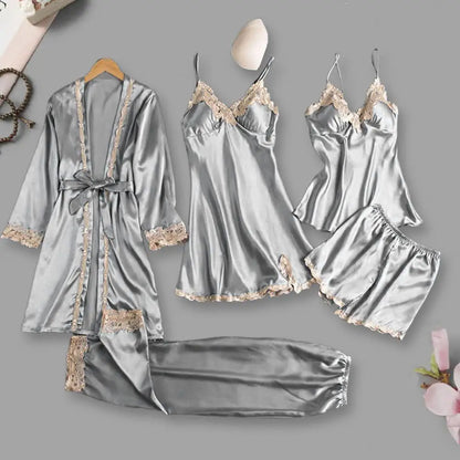 Women's Summer Sexy Pajama Pants Set 5 Pieces Nightgown Nightdress Top Shorts Pants Set Lace Satin Silk Sleepwear Robe Sleepwear