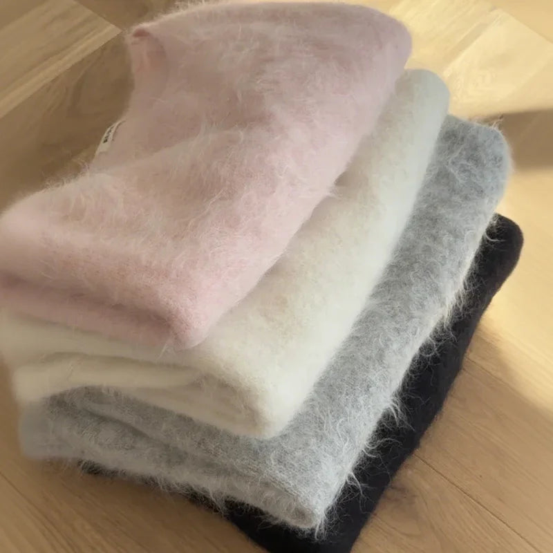 Fluffy Mohair Off Shoulder Cropped Sweater Oversize Slouchy Long Sleeve 2025 Autumn Cozy Women Knit Top Trendy Sweet Lady Jumper