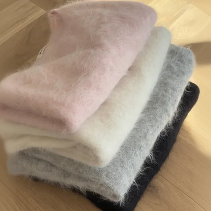 Fluffy Mohair Off Shoulder Cropped Sweater Oversize Slouchy Long Sleeve 2025 Autumn Cozy Women Knit Top Trendy Sweet Lady Jumper