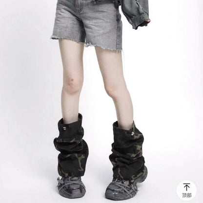 Women Harajuku Leopard Camouflage Leg Warmers Tiered Ruffled Knee Length Boot Cover Flared Footless Socks Streetwear 50cm/42cm