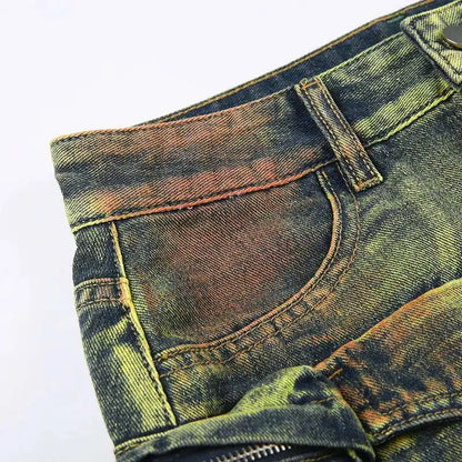 DEAT Women's Denim Skirts Tie-dye Green Irregular Spliced Multiple Pockets Cargo Mini Skirt 2025 Summer New Fashion 29L3411