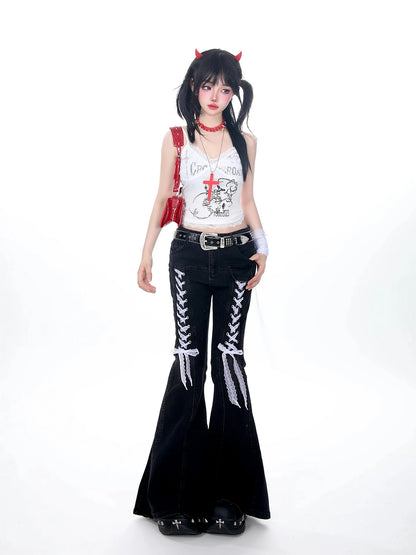 2025 Autumn Winter Women Designer 2000s Harajuku Lace Gothic Flare Denim Pants Y2k Japanese Streetwear Jean Baggy Bell Bottom