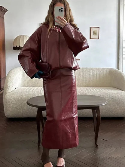 Leather Fashion Jacket Skirt Sets Women Zipper Loose Street Stand Collar Coats Straight Midi Skirts Suits 2025 Autumn Party Chic