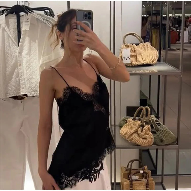 Brown Satin Sexy Lace Spliced Short Sling Dress Women V-neck Sleeveless Backless Asymmetric Party Dresses 2025 Summer Lady Robes