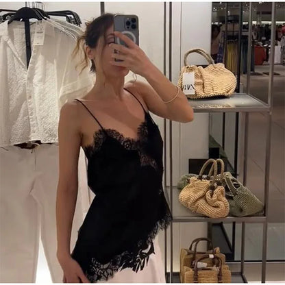 Brown Satin Sexy Lace Spliced Short Sling Dress Women V-neck Sleeveless Backless Asymmetric Party Dresses 2025 Summer Lady Robes