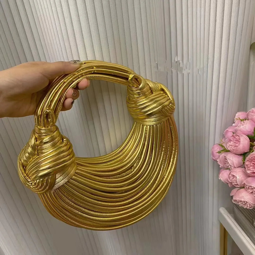 Handbags for Women 2023 New in Gold Luxury Designer Brand Handwoven Noodle Bags Rope Knotted Pulled Hobo Silver Evening Clutch