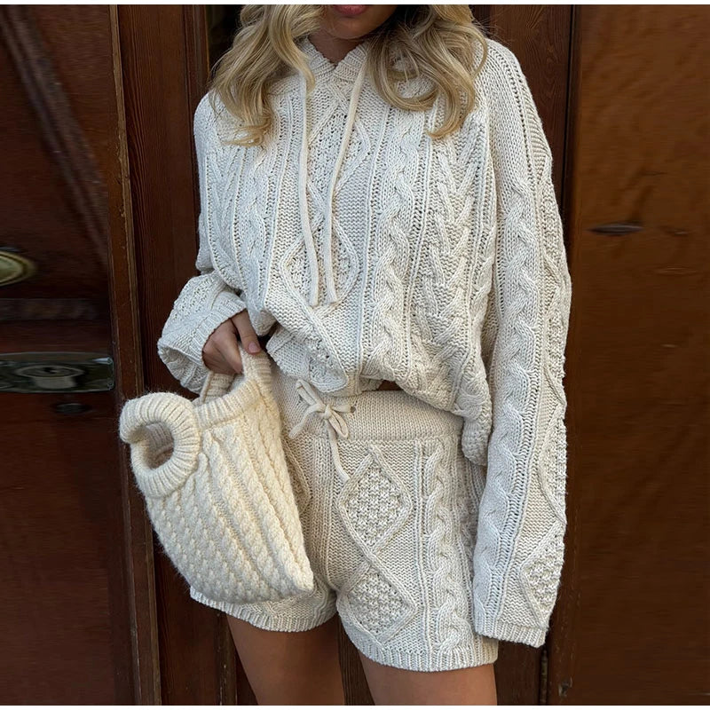 White Cable Knit Argyle Hooded Co-ord Set Long Sleeve Sweater Bodycon Shorts 2025 Cozy Retro Women Sets Daiy Casual Lady Outfit