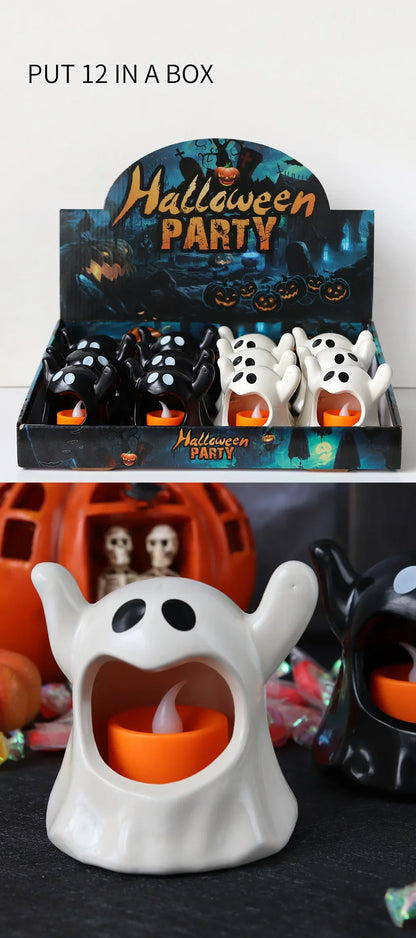 2025 New Halloween Ghost Lamp With LED Flameless Candles Decorative Halloween Party Ghosts Horror Atmosphere Props Decoration