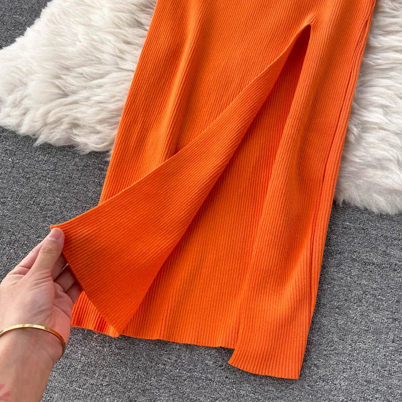Autumn Winter Sexy High Split Sweater Dress Women Full Sleeve Basic Slim Elastic Bodycon Long Dress Party Vestidos