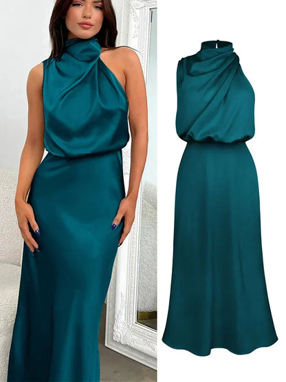 Summer Luxury Sleeveless Silk Satin Long Dress Women Elegant Off Shoulder Celebrity Evening Dress Partywear Lady Trumpet Dress