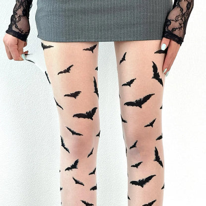 EtherealBe Halloween bat pattern tights for women with black bats on sheer fabric