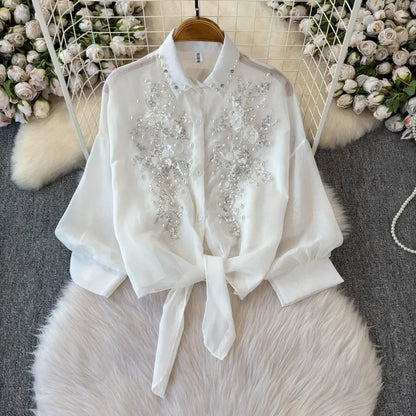 Beads Sequin Flower Blusas Mujer Rainbow Color Shirts & Blouses Lace-up Bow Camisas 2026 Spring Women Clothing Ropa
