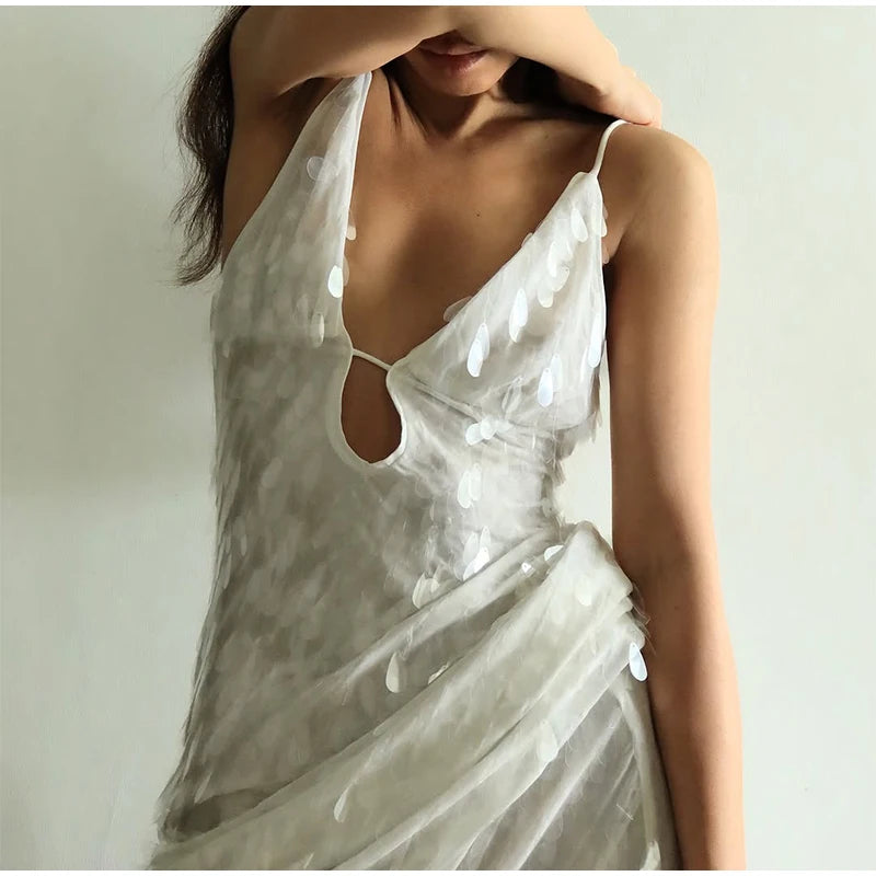 Women Sequin Sling Maxi Dress V-neck Solid Backless High Waist Sleeveless Dresses 2025 Fashion New Summer Lady Party Robes