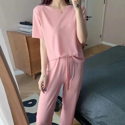 2Pcs/Set Women Sleepwear Set Colorfast O-neck Short Sleeve Leisure Outfit  Ice Silk T-shirt Elastic Waistband Pants Loungewear