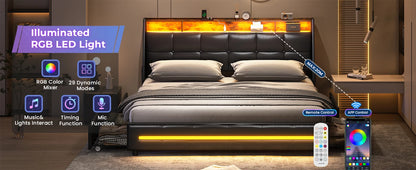 King Size Bed Frame w 4 Storage Drawers,Charging Station and LED Lights,Upholstered Bed Frame w Button Tufted Wingback Headboard