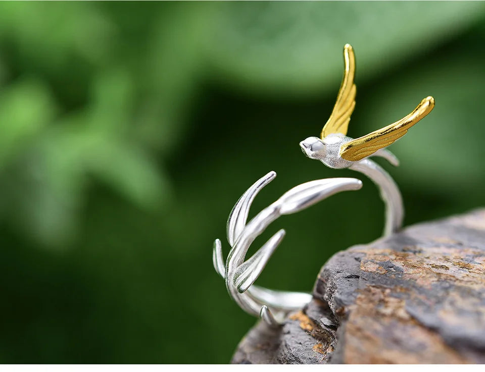 Lotus Fun 18K Gold Swallow Willow Branch Unusual Asymmetrical Rings for Women Real 925 Sterling Silver Original Fine Jewelry