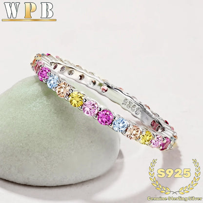 Genuine S925 Sterling Silver Sparkling Colorful Zircon Ring - Elegant 2mm Round Multicolor Jewelry for Party Wedding Daily Wear