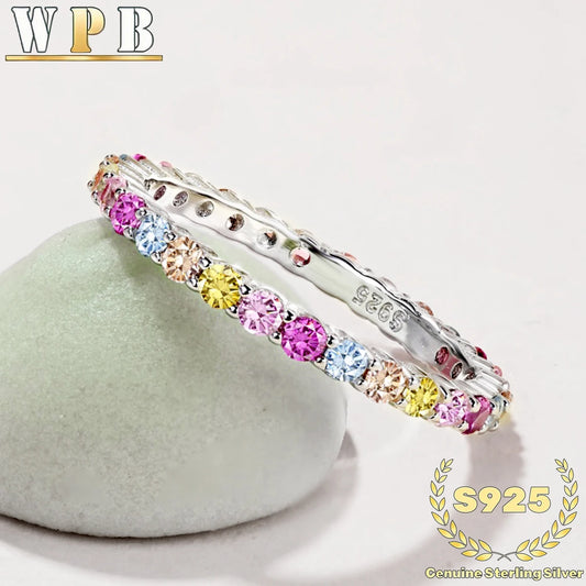 Genuine S925 Sterling Silver Sparkling Colorful Zircon Ring - Elegant 2mm Round Multicolor Jewelry for Party Wedding Daily Wear