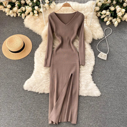 Autumn Winter Sexy High Split Sweater Dress Women Full Sleeve Basic Slim Elastic Bodycon Long Dress Party Vestidos