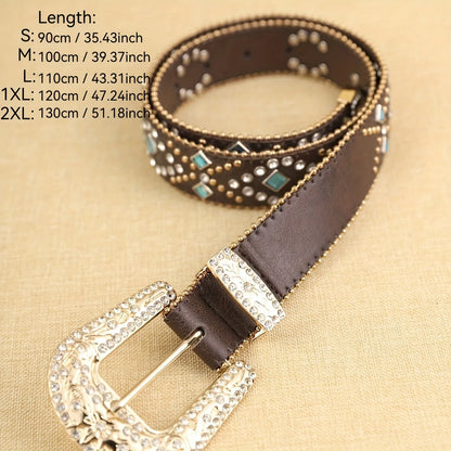 1 Piece Brown Ladies PU Chain Diamond Sapphire Blue Belt Fashion Pop Bohemian Style Belt for Daily Use